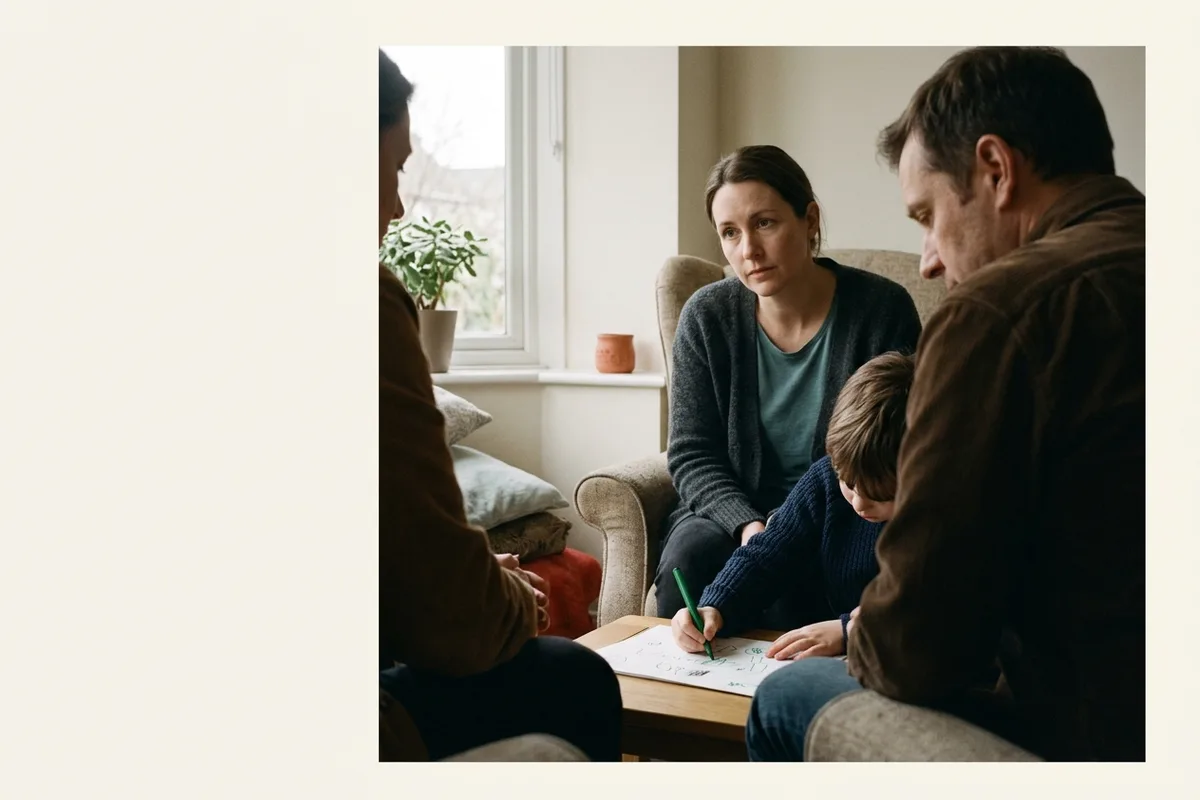 Two parents and a child sitting together on a sofa over an open notebook