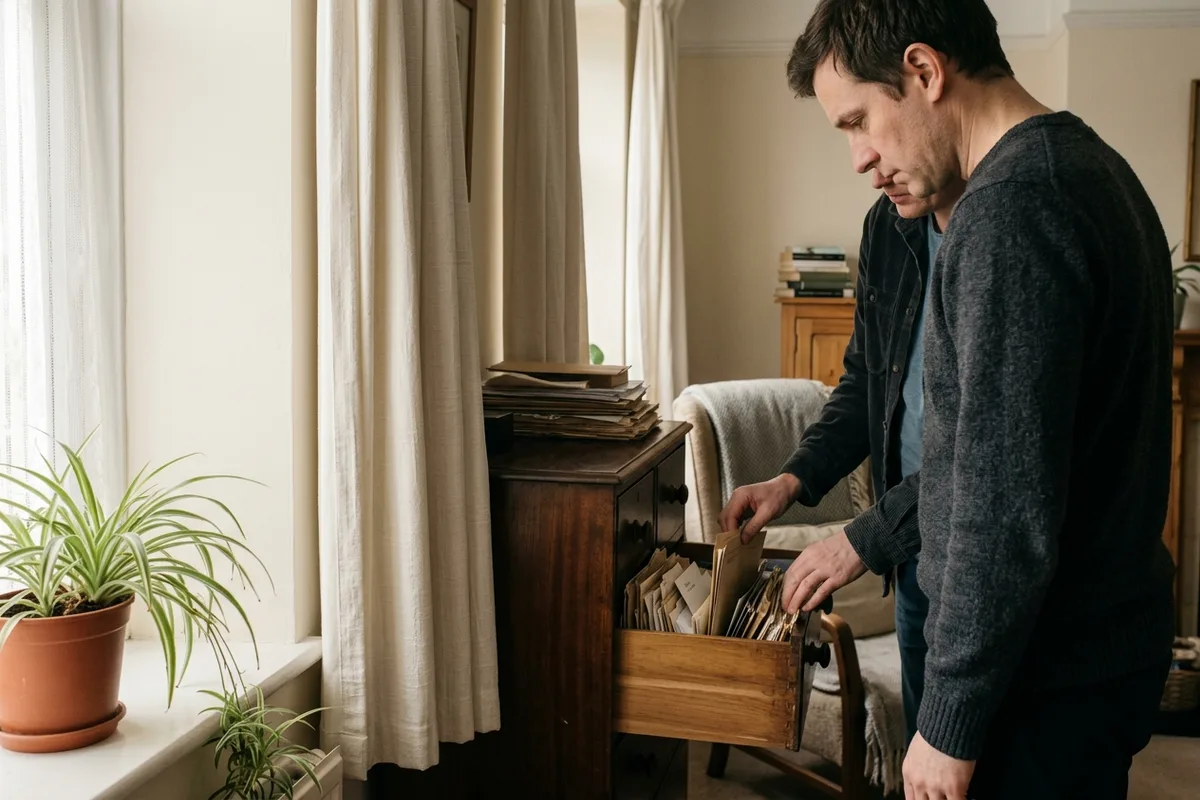 A man searching through a drawer in a sideboard at home