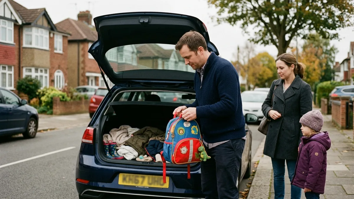 A father loading a child's bag into a car boot while a mother and child wait on the pavement