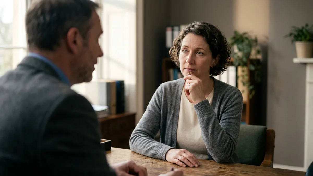 A man and a woman in conversation across a table, one listening with her hand to her chin