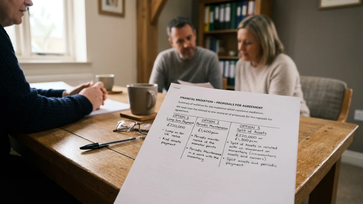 A proposals-for-agreement sheet on a table, a couple seated behind it