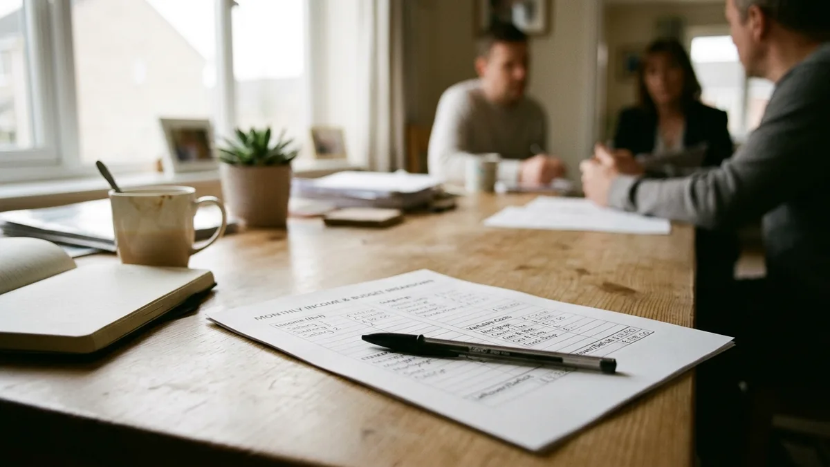 A document and pen in the foreground, three people in discussion behind