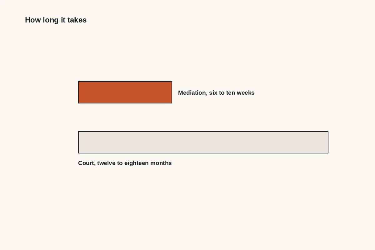 Diagram: mediation at six to ten weeks against court at twelve to eighteen months